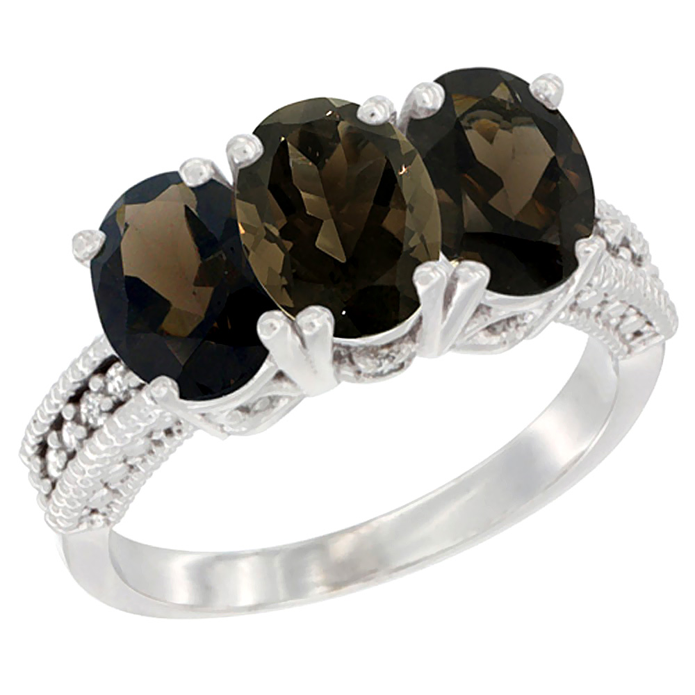 14K White Gold Natural Smoky Topaz Ring 3-Stone 7x5 mm Oval Diamond Accent, sizes 5 - 10