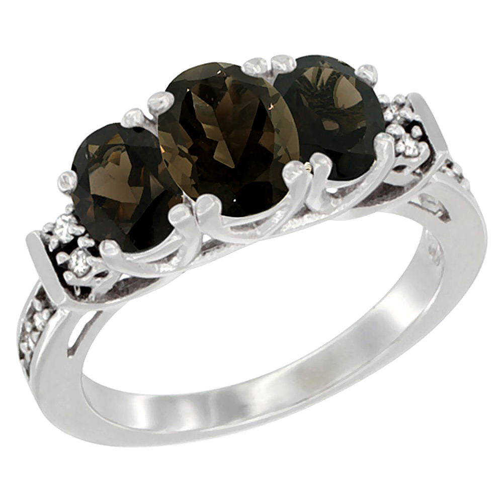 10K White Gold Natural Smoky Topaz Ring 3-Stone Oval Diamond Accent, sizes 5-10