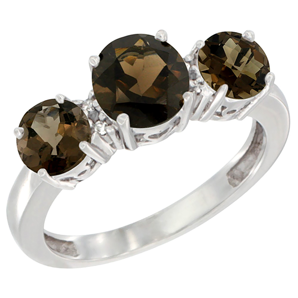 10K White Gold Round 3-Stone Natural Smoky Topaz Ring Diamond Accent, sizes 5 - 10