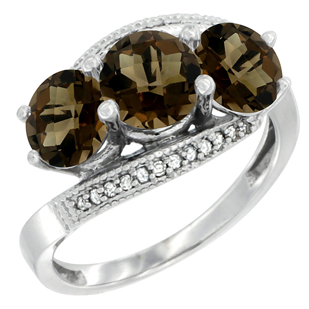 14K White Gold Natural Smoky Topaz 3 stone Ring Round 6mm Diamond Accent, sizes 5 - 10