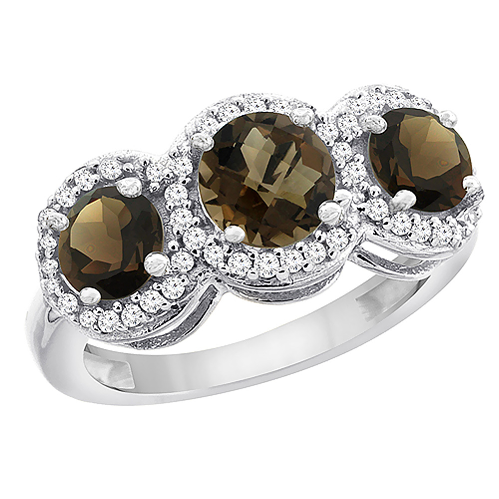 14K White Gold Natural Smoky Topaz Round 3-stone Ring Diamond Accents, sizes 5 - 10
