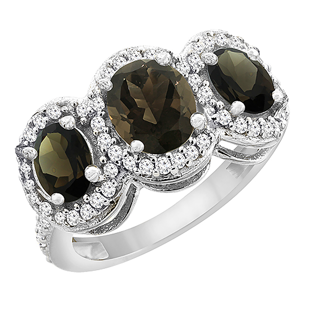 14K White Gold Natural Smoky Topaz 3-Stone Ring Oval Diamond Accent, sizes 5 - 10