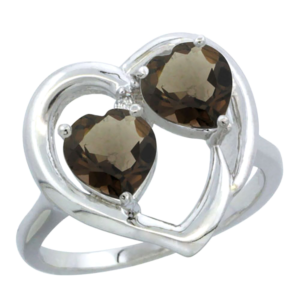 10K White Gold Diamond Two-stone Heart Ring 6mm Natural Smoky Topaz, sizes 5-10