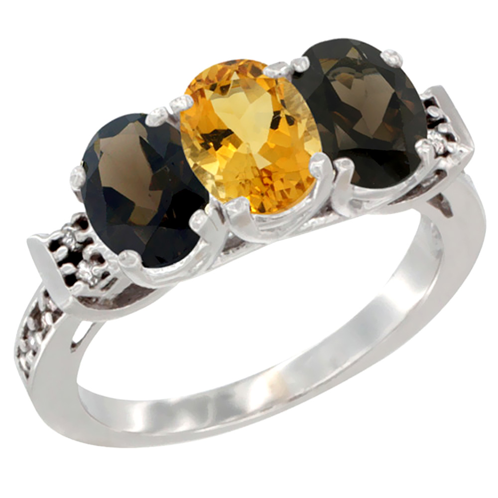 10K White Gold Natural Citrine & Smoky Topaz Sides Ring 3-Stone Oval 7x5 mm Diamond Accent, sizes 5 - 10