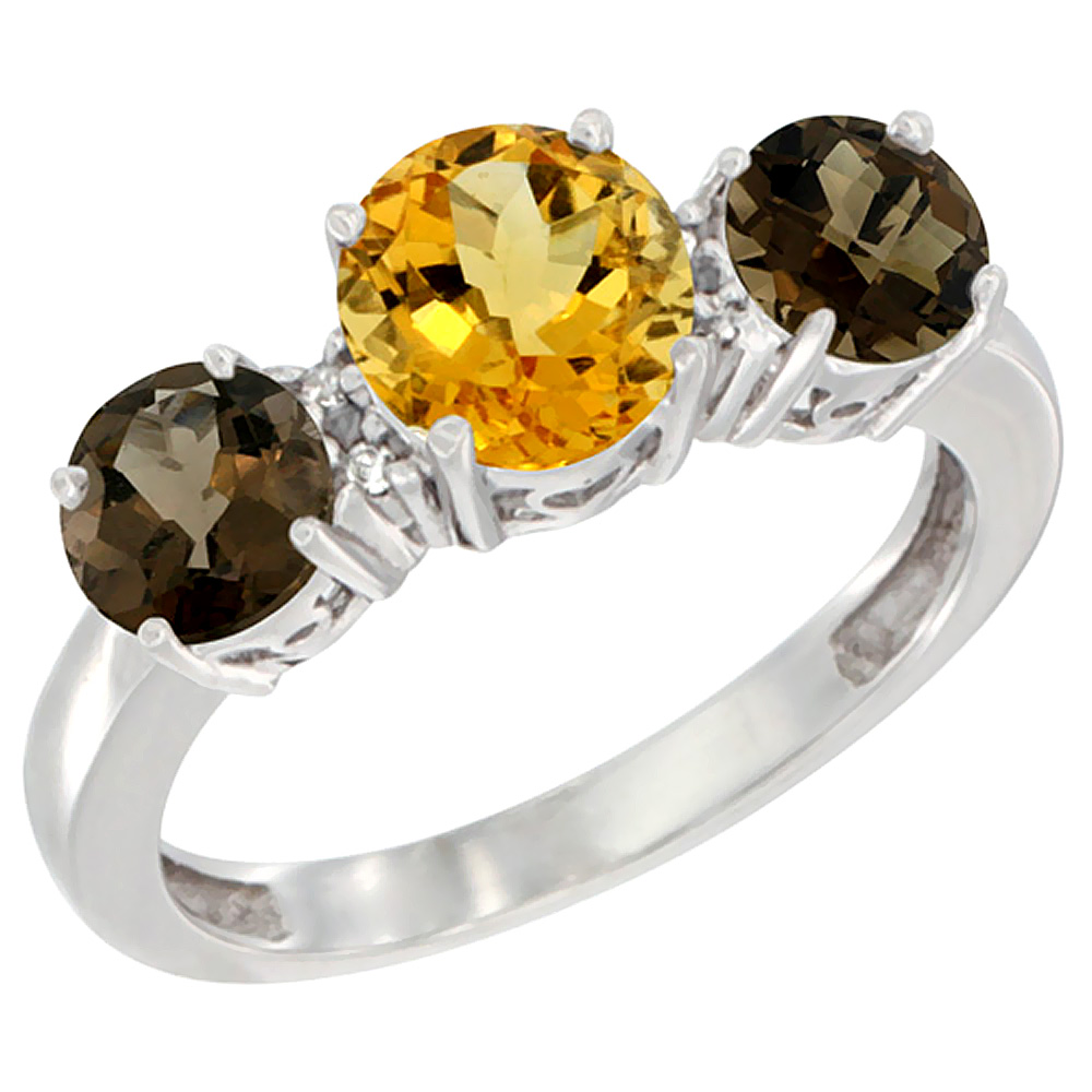 14K White Gold Round 3-Stone Natural Citrine Ring & Smoky Topaz Sides Diamond Accent, sizes 5 - 10