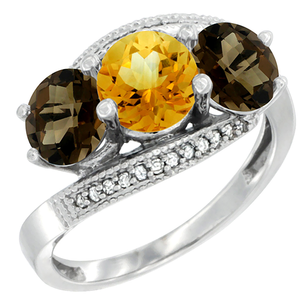 14K White Gold Natural Citrine & Smoky Topaz Sides 3 stone Ring Round 6mm Diamond Accent, sizes 5 - 10