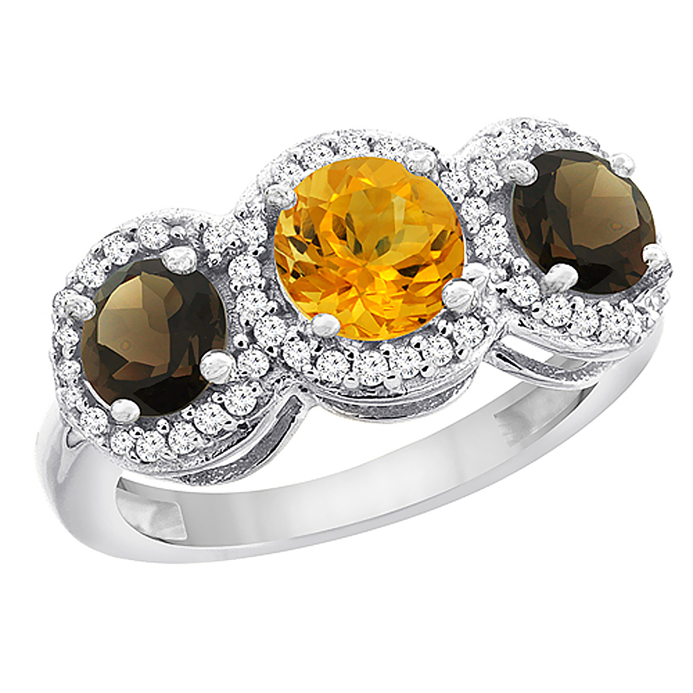 14K White Gold Natural Citrine &amp; Smoky Topaz Sides Round 3-stone Ring Diamond Accents, sizes 5 - 10