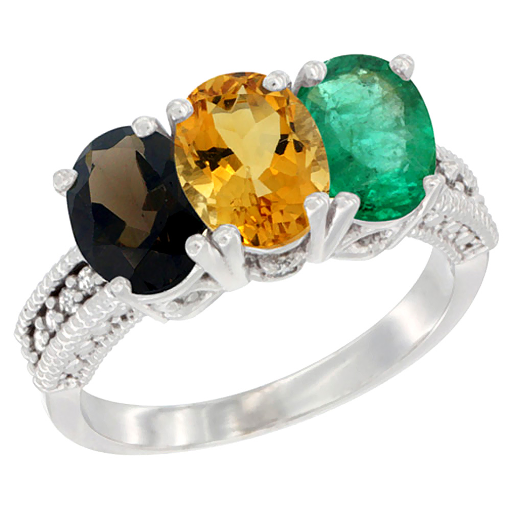 14K White Gold Natural Smoky Topaz, Citrine &amp; Emerald Ring 3-Stone 7x5 mm Oval Diamond Accent, sizes 5 - 10