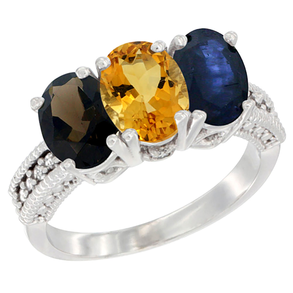 14K White Gold Natural Smoky Topaz, Citrine & Blue Sapphire Ring 3-Stone 7x5 mm Oval Diamond Accent, sizes 5 - 10