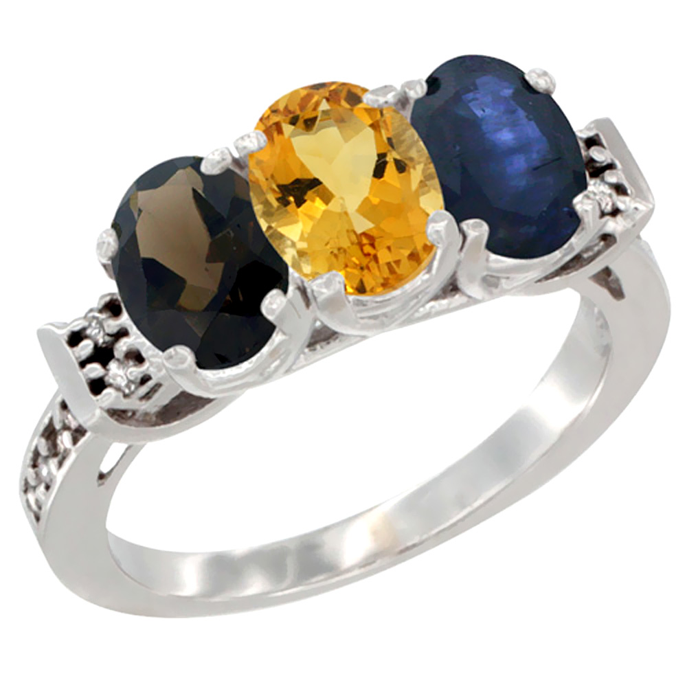10K White Gold Natural Smoky Topaz, Citrine & Blue Sapphire Ring 3-Stone Oval 7x5 mm Diamond Accent, sizes 5 - 10