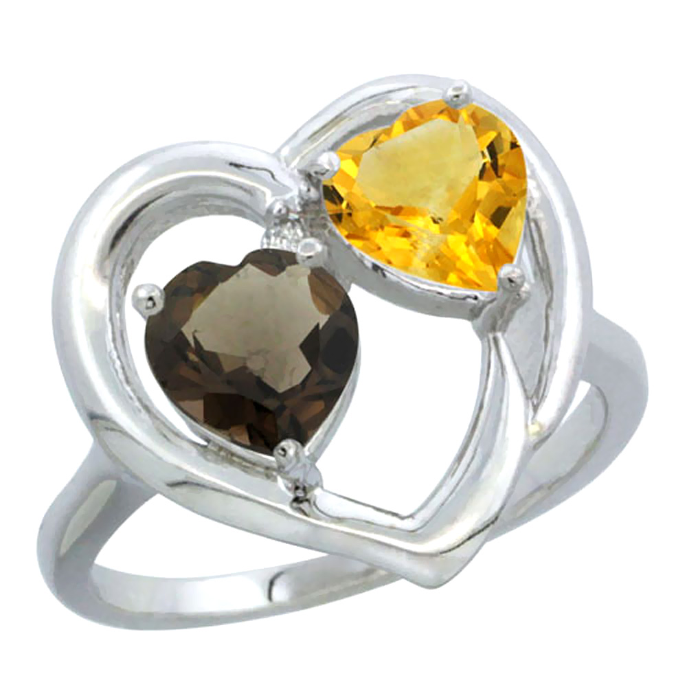 14K White Gold Diamond Two-stone Heart Ring 6mm Natural Smoky Topaz &amp; Citrine, sizes 5-10