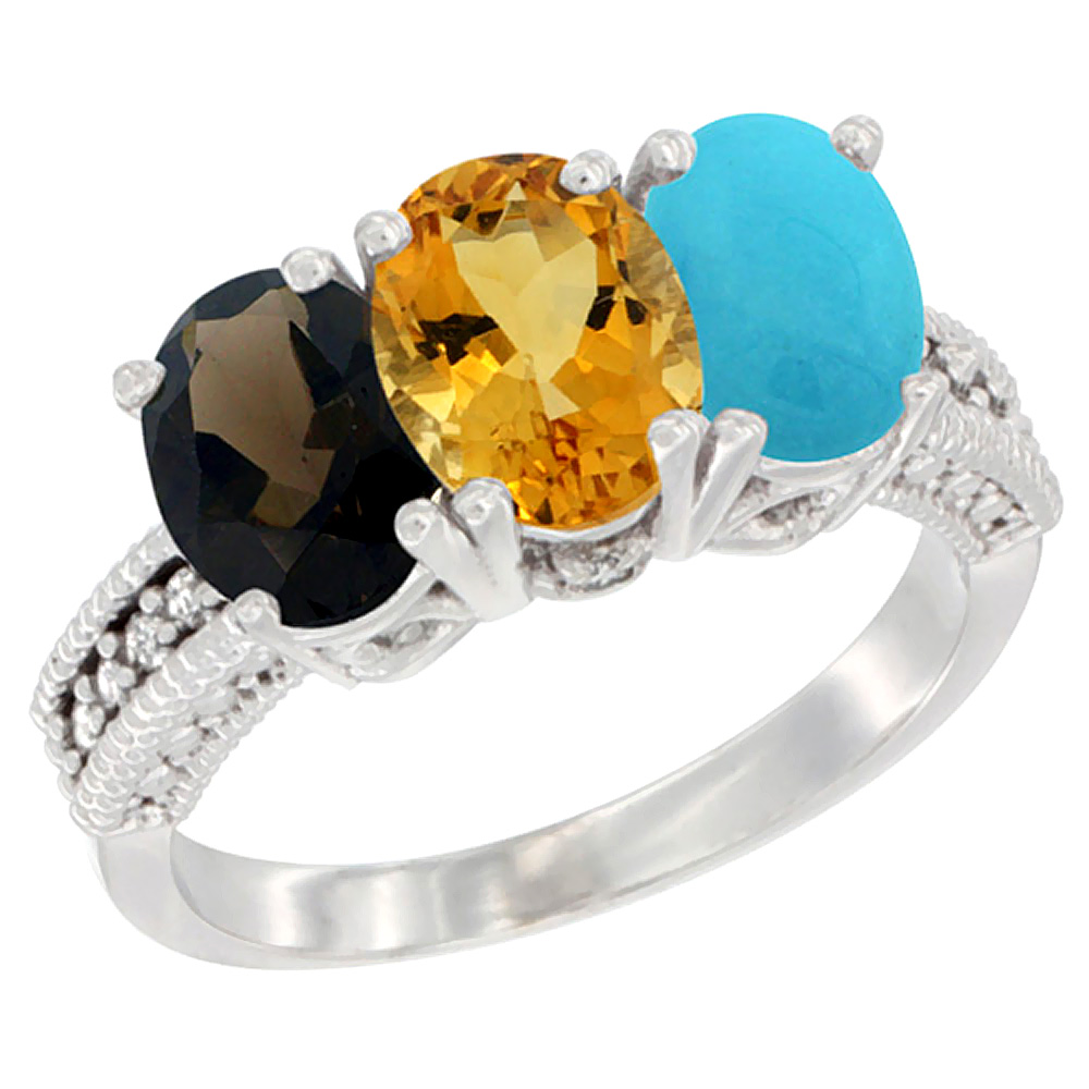 10K White Gold Natural Smoky Topaz, Citrine &amp; Turquoise Ring 3-Stone Oval 7x5 mm Diamond Accent, sizes 5 - 10