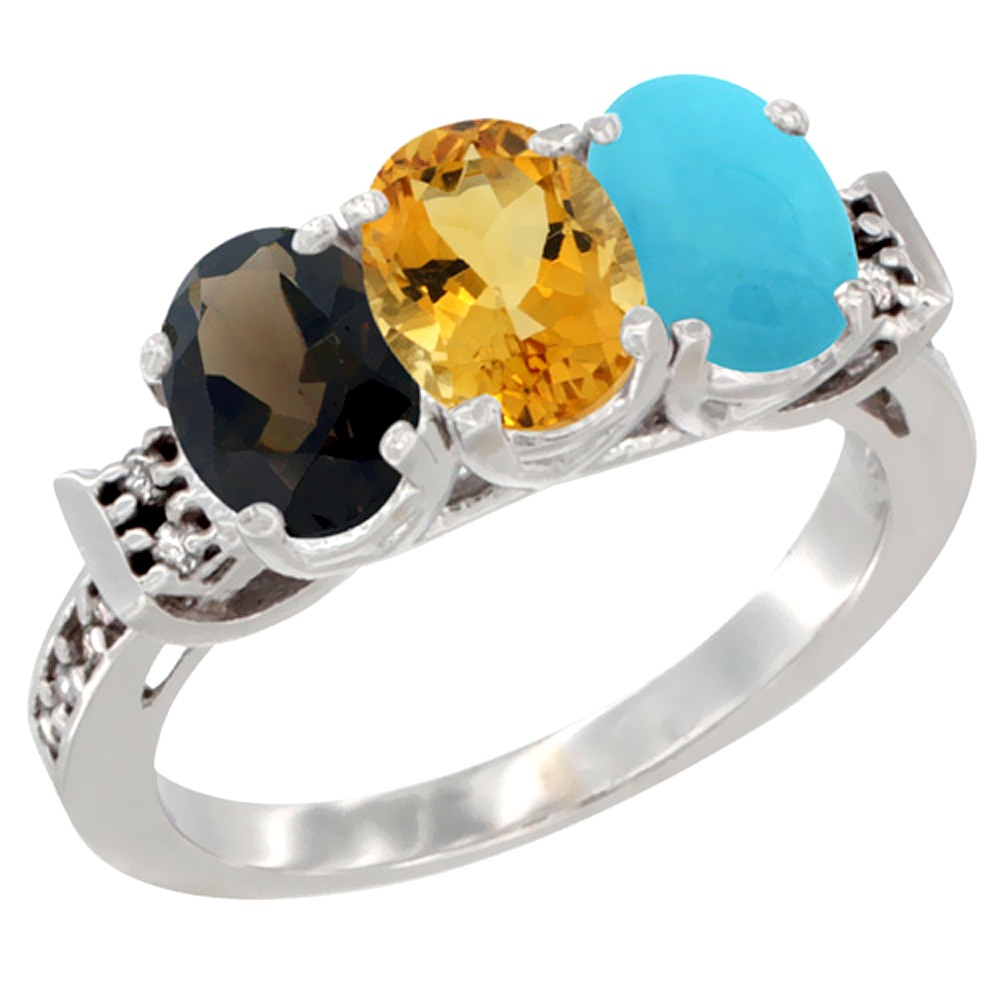 14K White Gold Natural Smoky Topaz, Citrine & Turquoise Ring 3-Stone Oval 7x5 mm Diamond Accent, sizes 5 - 10