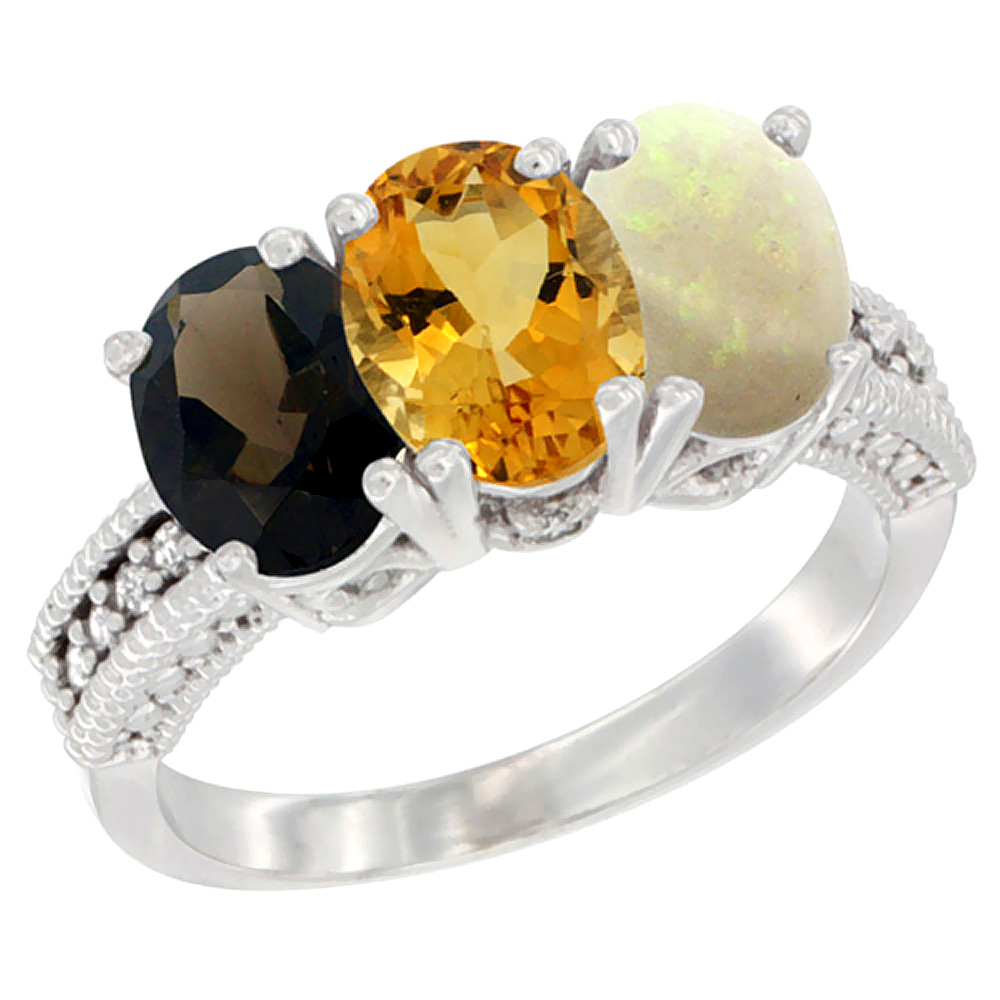 10K White Gold Natural Smoky Topaz, Citrine &amp; Opal Ring 3-Stone Oval 7x5 mm Diamond Accent, sizes 5 - 10