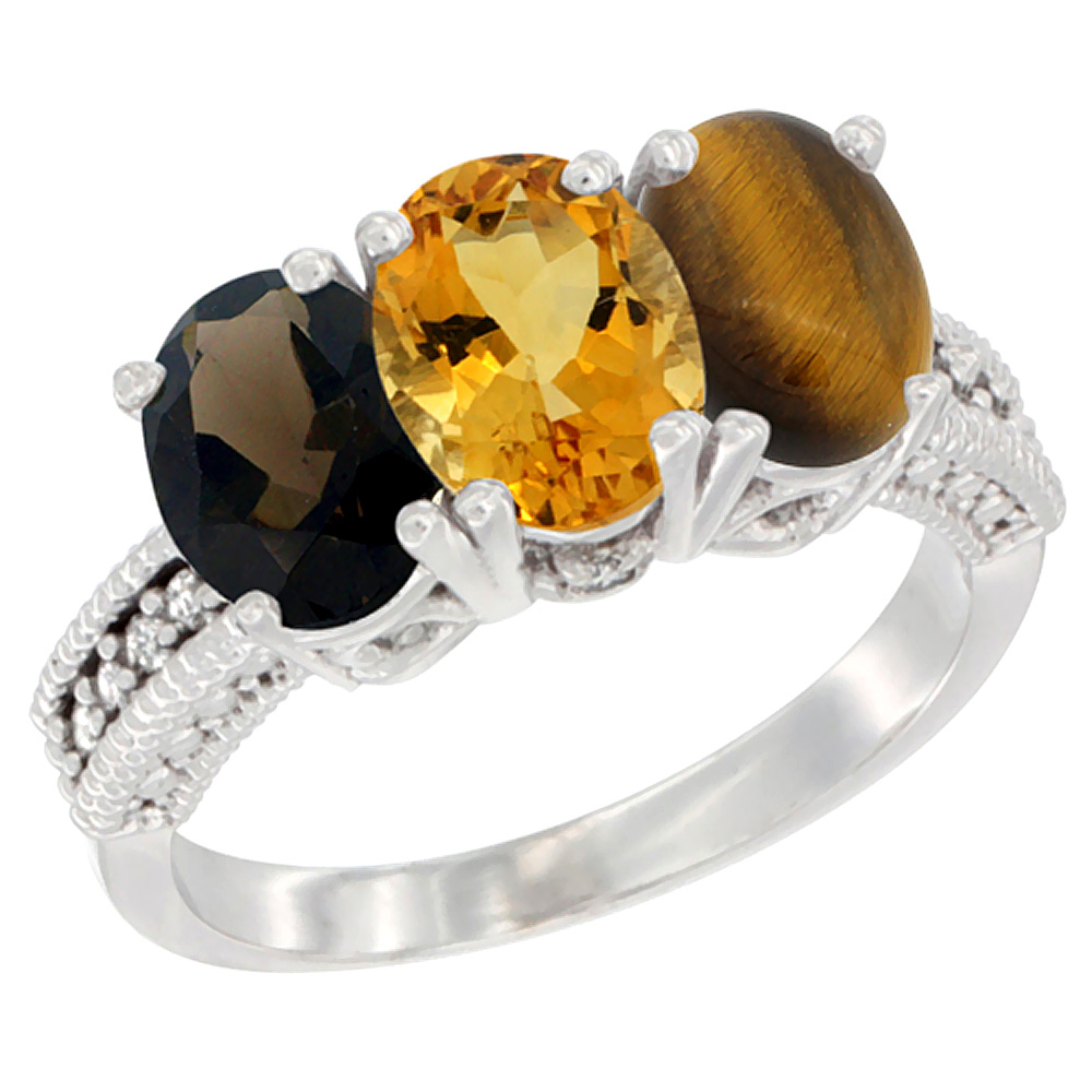 14K White Gold Natural Smoky Topaz, Citrine & Tiger Eye Ring 3-Stone 7x5 mm Oval Diamond Accent, sizes 5 - 10