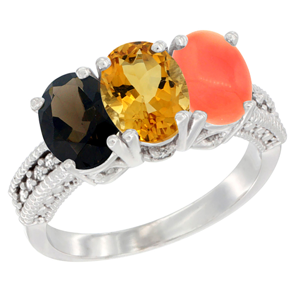 14K White Gold Natural Smoky Topaz, Citrine &amp; Coral Ring 3-Stone 7x5 mm Oval Diamond Accent, sizes 5 - 10
