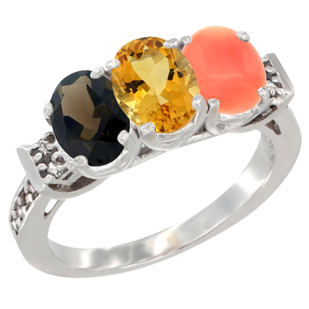 10K White Gold Natural Smoky Topaz, Citrine & Coral Ring 3-Stone Oval 7x5 mm Diamond Accent, sizes 5 - 10