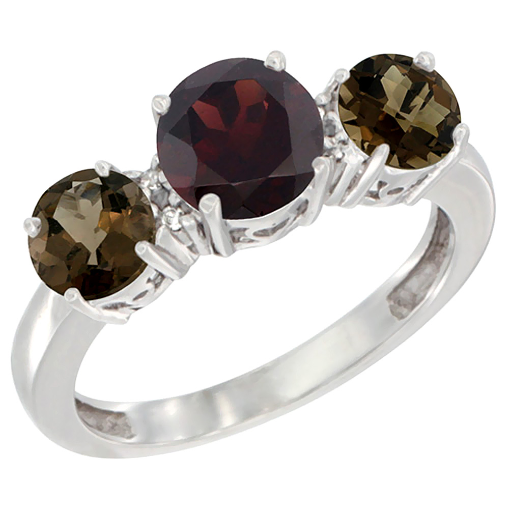 14K White Gold Round 3-Stone Natural Garnet Ring & Smoky Topaz Sides Diamond Accent, sizes 5 - 10