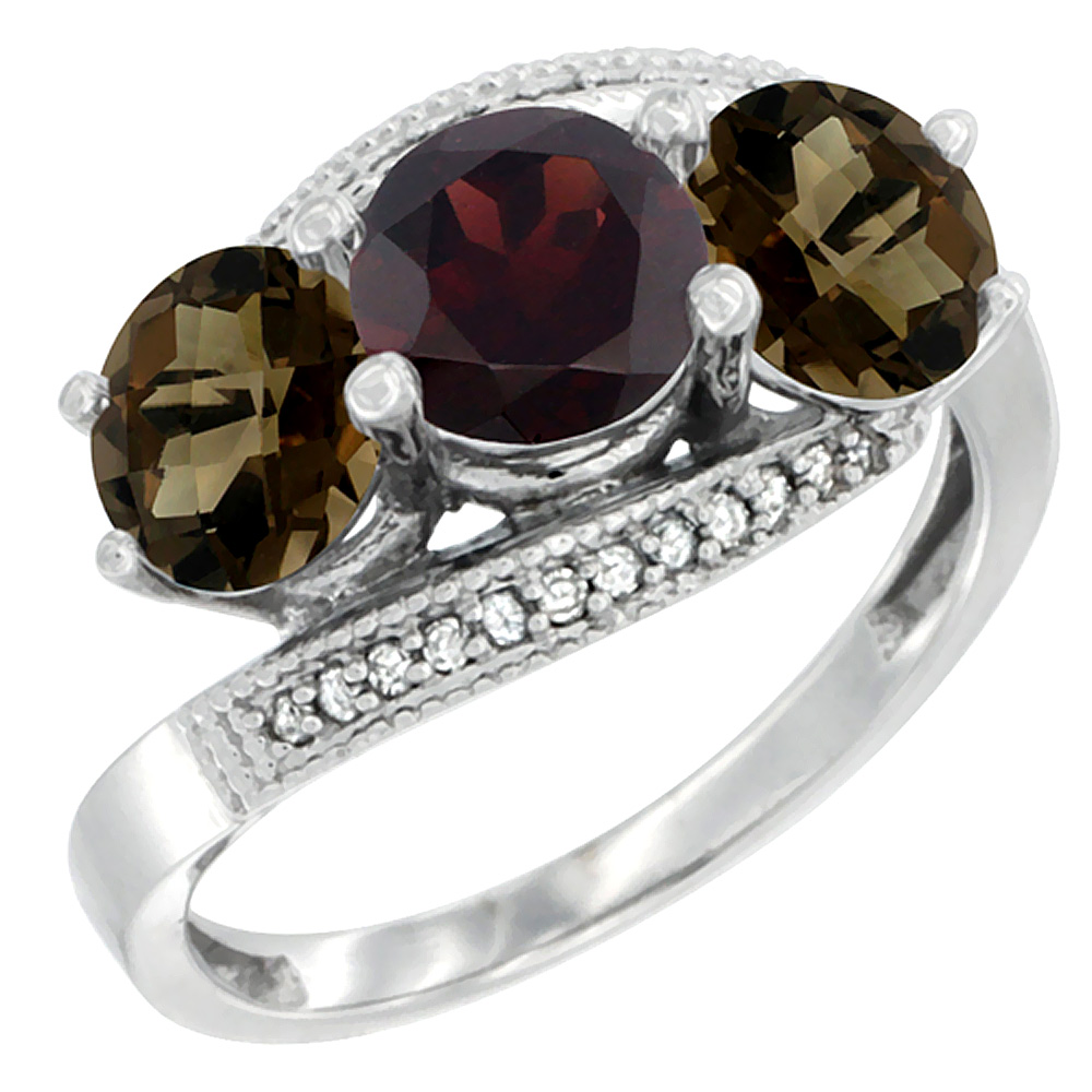 10K White Gold Natural Garnet & Smoky Topaz Sides 3 stone Ring Round 6mm Diamond Accent, sizes 5 - 10