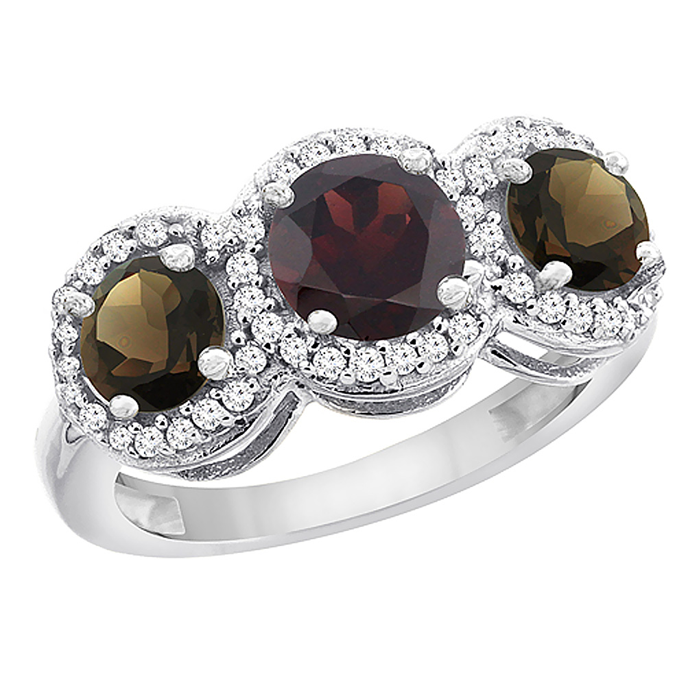 14K White Gold Natural Garnet & Smoky Topaz Sides Round 3-stone Ring Diamond Accents, sizes 5 - 10