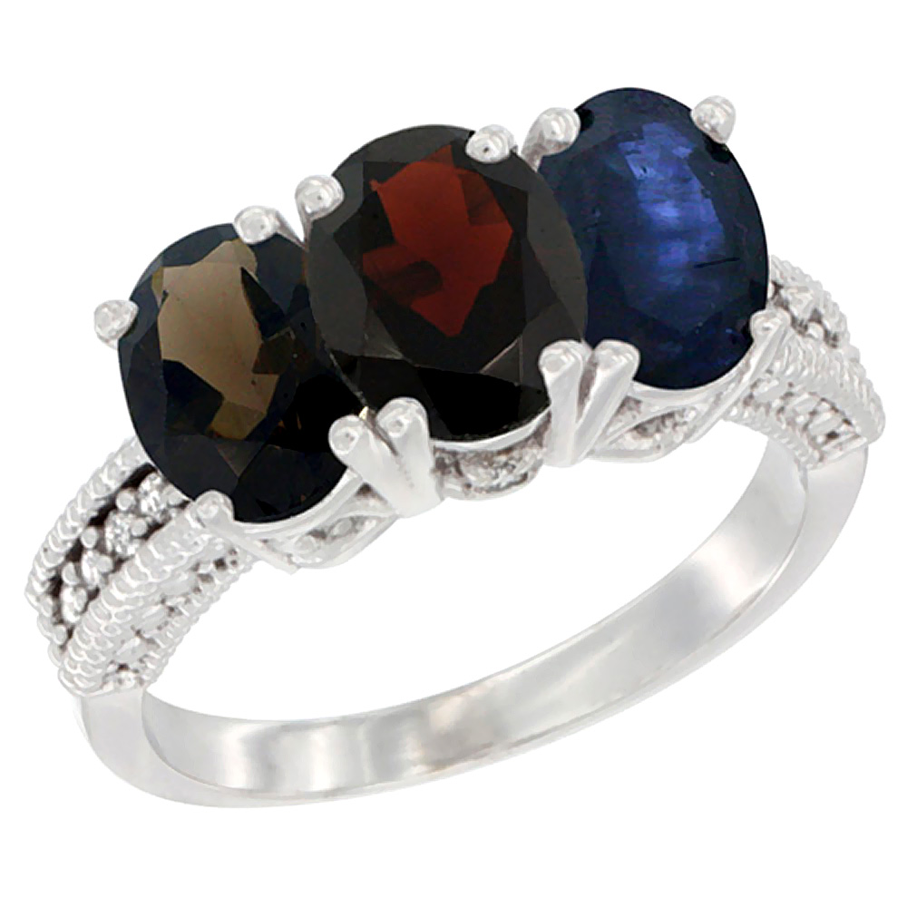 10K White Gold Natural Smoky Topaz, Garnet &amp; Blue Sapphire Ring 3-Stone Oval 7x5 mm Diamond Accent, sizes 5 - 10