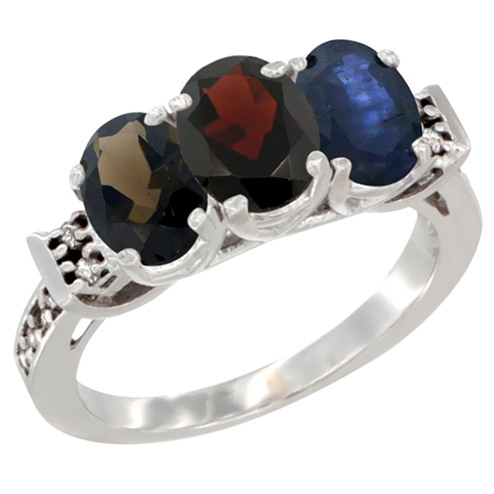 14K White Gold Natural Smoky Topaz, Garnet & Blue Sapphire Ring 3-Stone Oval 7x5 mm Diamond Accent, sizes 5 - 10