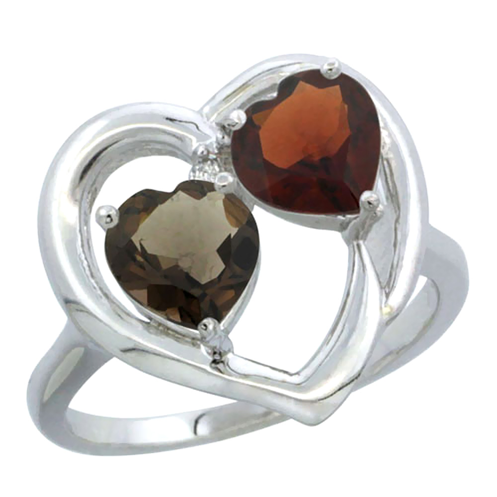 10K White Gold Diamond Two-stone Heart Ring 6mm Natural Smoky Topaz &amp; Garnet, sizes 5-10