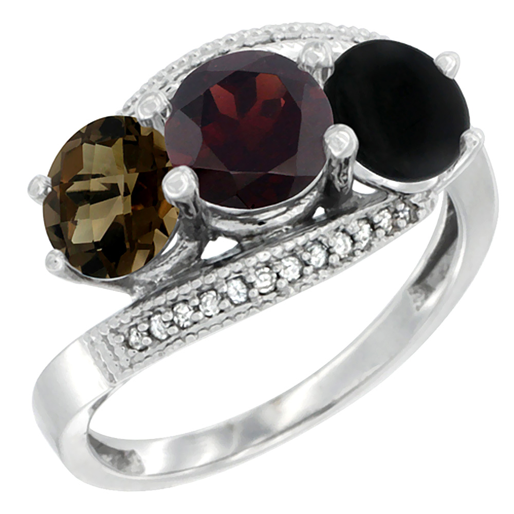 14K White Gold Natural Smoky Topaz, Garnet &amp; Black Onyx 3 stone Ring Round 6mm Diamond Accent, sizes 5 - 10