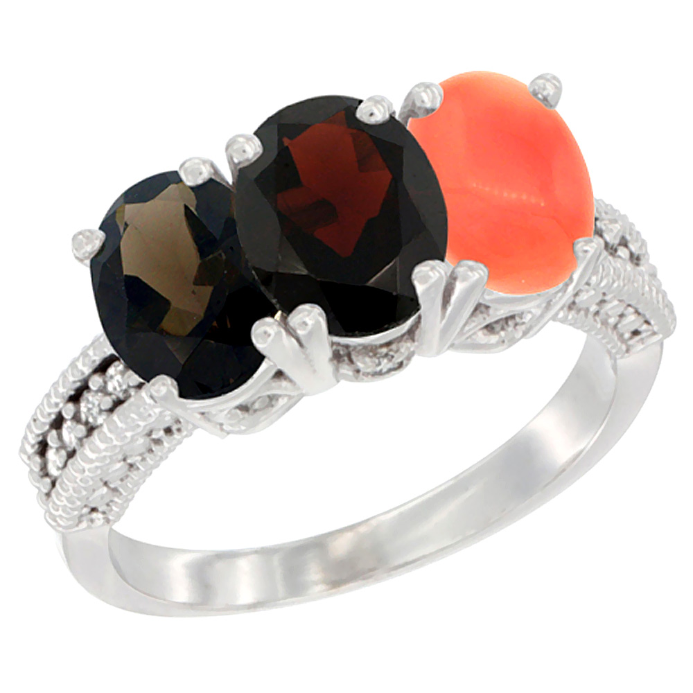 14K White Gold Natural Smoky Topaz, Garnet & Coral Ring 3-Stone 7x5 mm Oval Diamond Accent, sizes 5 - 10