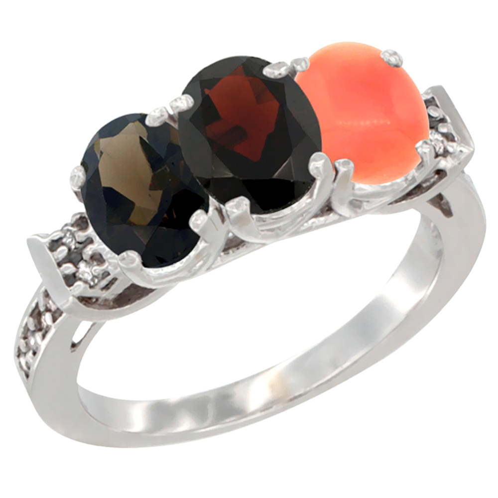 14K White Gold Natural Smoky Topaz, Garnet &amp; Coral Ring 3-Stone Oval 7x5 mm Diamond Accent, sizes 5 - 10