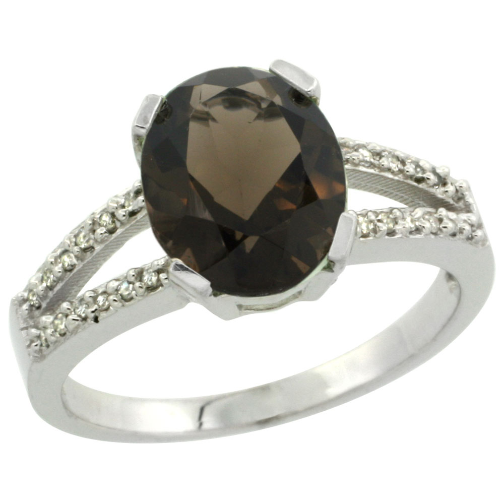 10K White Gold Diamond Natural Smoky Topaz Engagement Ring Oval 10x8mm, sizes 5-10