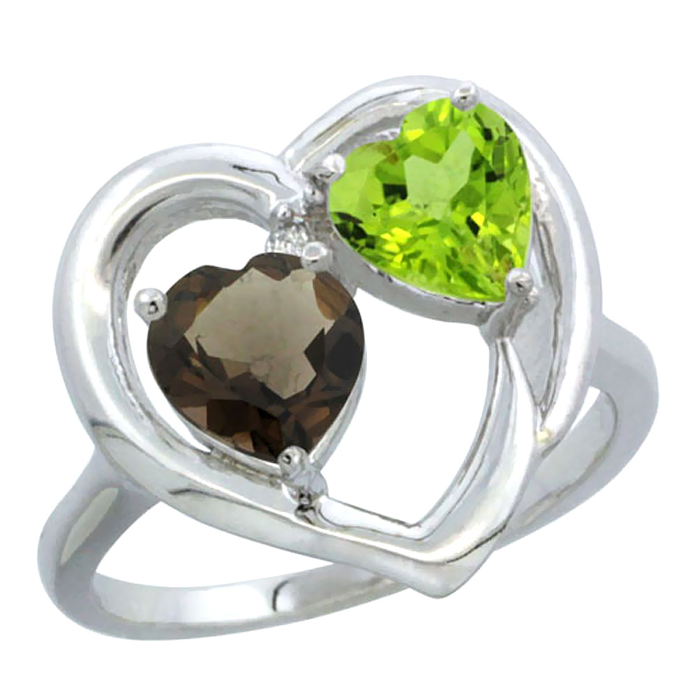 14K White Gold Diamond Two-stone Heart Ring 6mm Natural Smoky Topaz &amp; Peridot, sizes 5-10