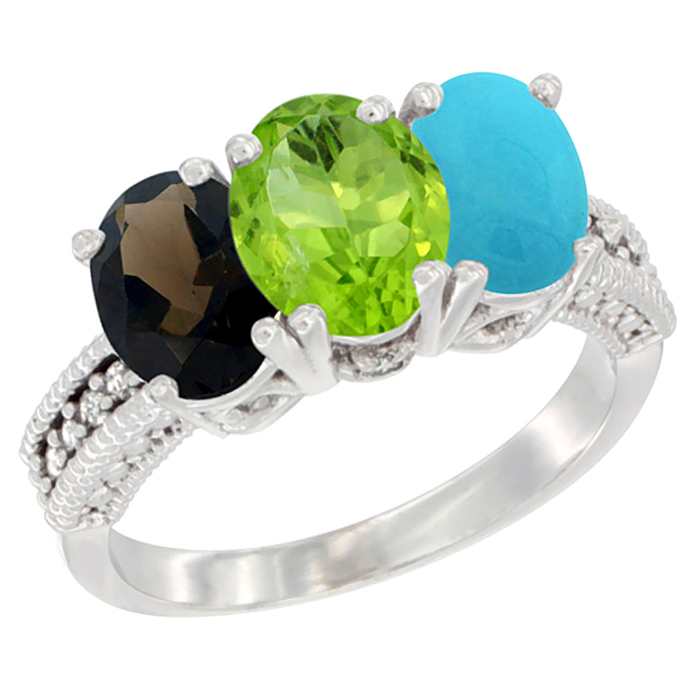 14K White Gold Natural Smoky Topaz, Peridot &amp; Turquoise Ring 3-Stone 7x5 mm Oval Diamond Accent, sizes 5 - 10
