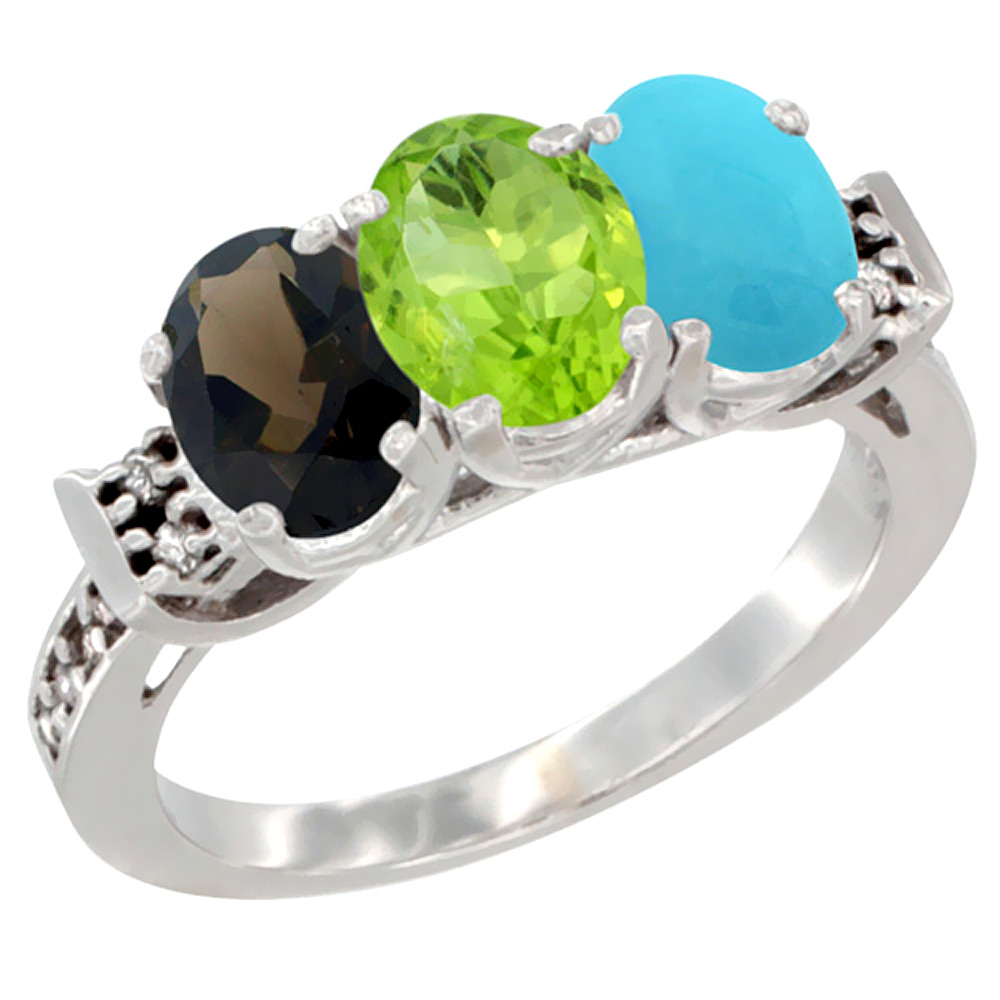 10K White Gold Natural Smoky Topaz, Peridot & Turquoise Ring 3-Stone Oval 7x5 mm Diamond Accent, sizes 5 - 10