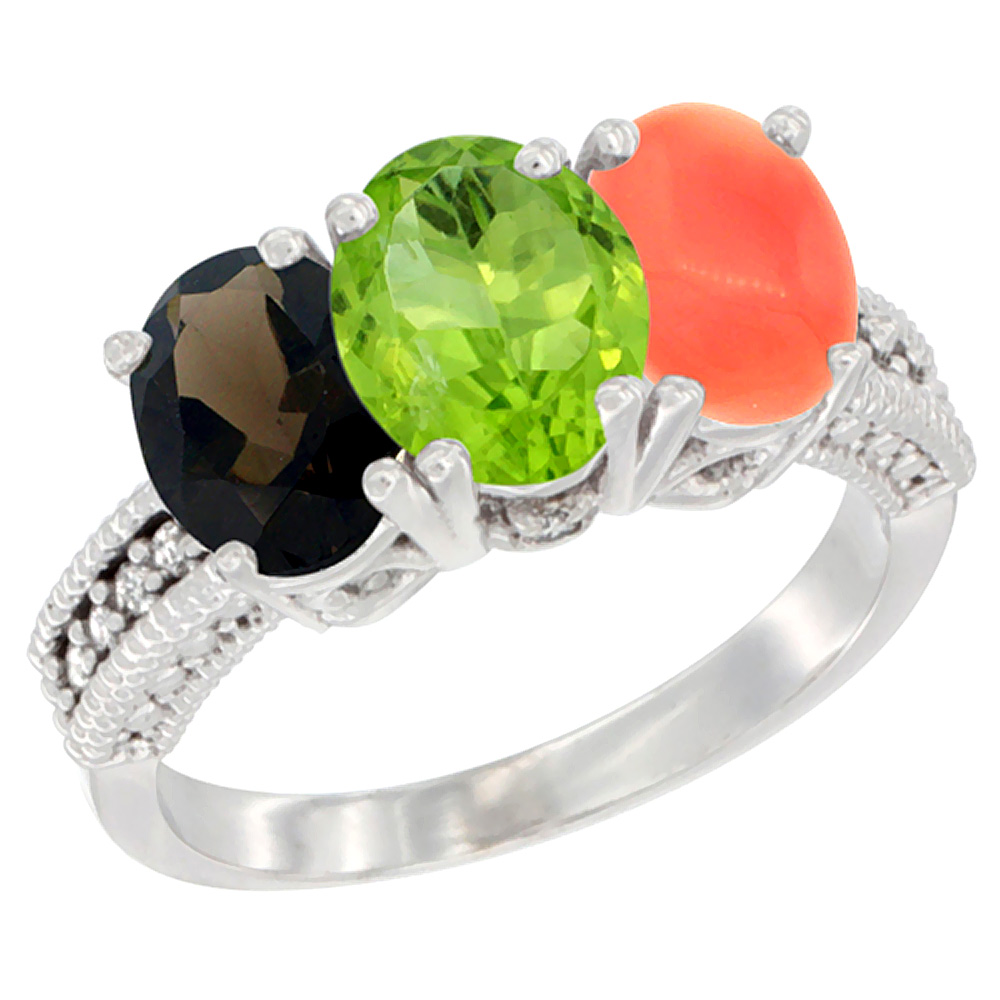10K White Gold Natural Smoky Topaz, Peridot & Coral Ring 3-Stone Oval 7x5 mm Diamond Accent, sizes 5 - 10