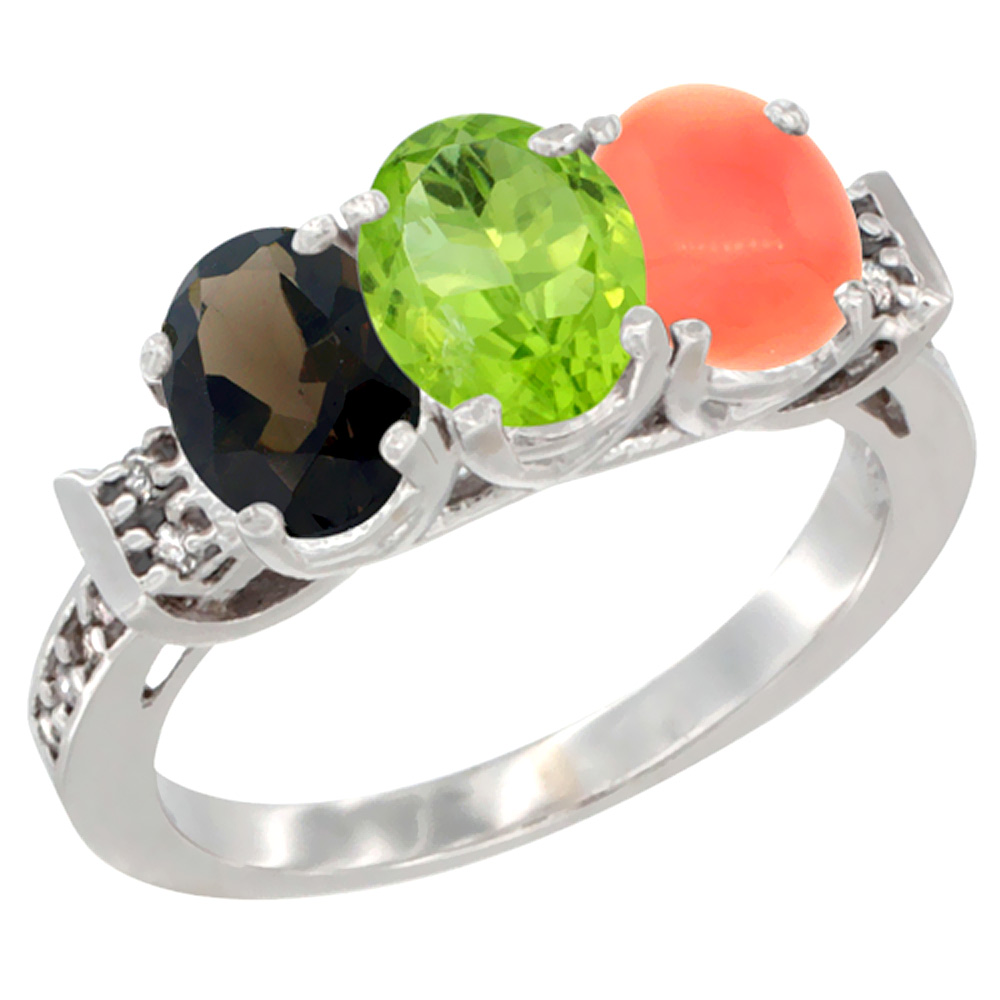 10K White Gold Natural Smoky Topaz, Peridot &amp; Coral Ring 3-Stone Oval 7x5 mm Diamond Accent, sizes 5 - 10