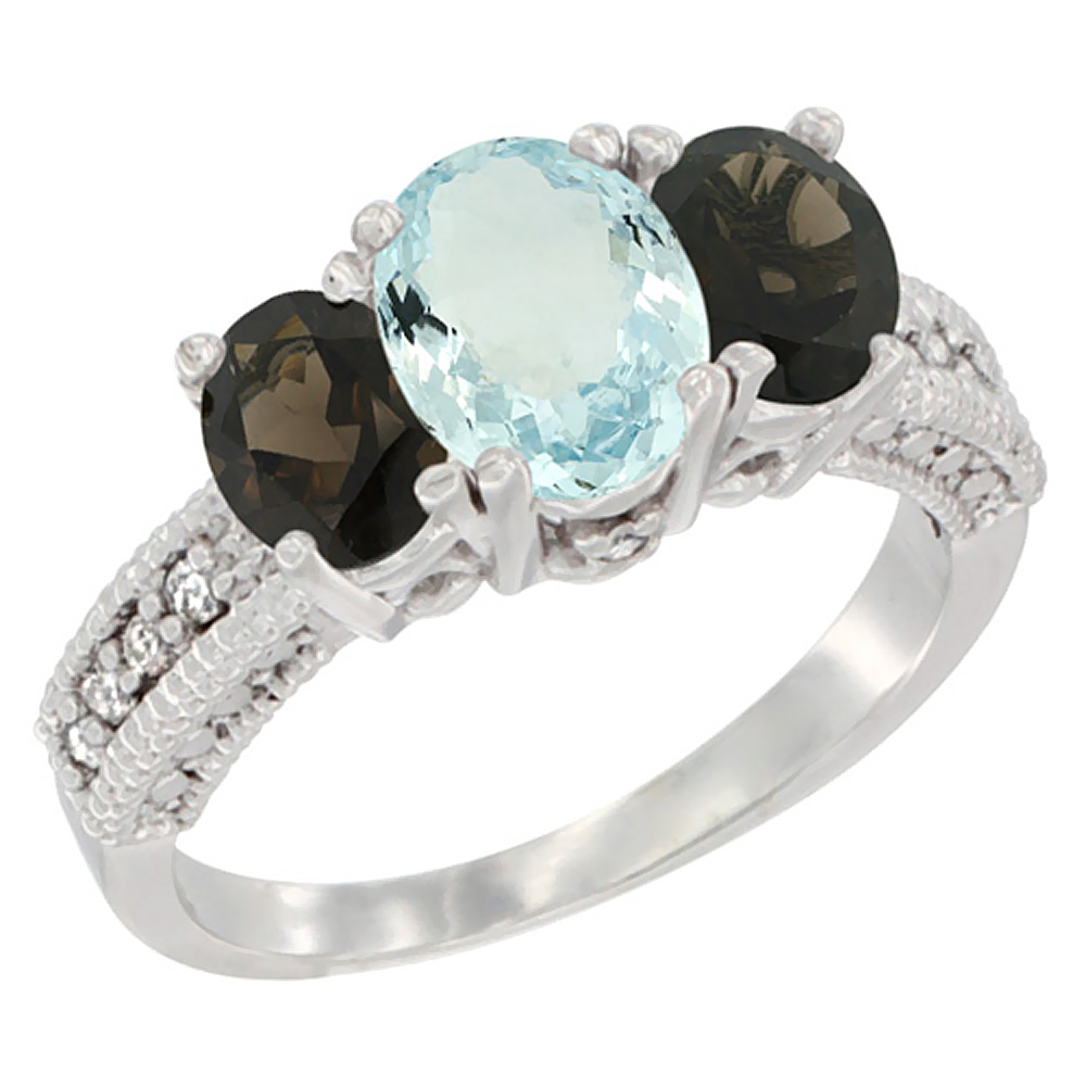 14K White Gold Diamond Natural Aquamarine Ring Oval 3-stone with Smoky Topaz, sizes 5 - 10