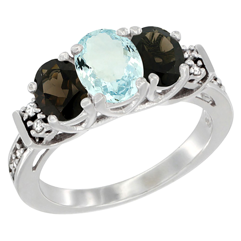 14K White Gold Natural Aquamarine & Smoky Topaz Ring 3-Stone Oval Diamond Accent, sizes 5-10