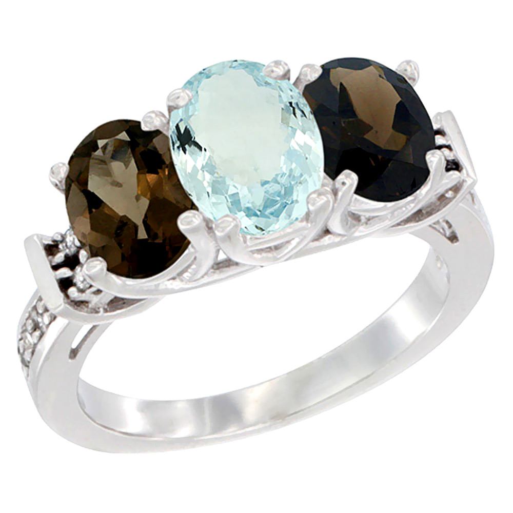 14K White Gold Natural Aquamarine & Smoky Topaz Sides Ring 3-Stone Oval Diamond Accent, sizes 5 - 10