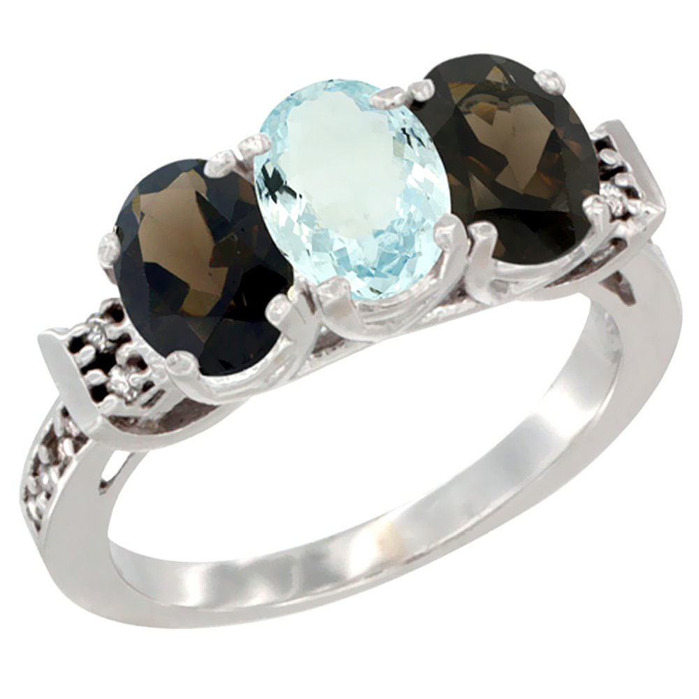 10K White Gold Natural Aquamarine &amp; Smoky Topaz Sides Ring 3-Stone Oval 7x5 mm Diamond Accent, sizes 5 - 10