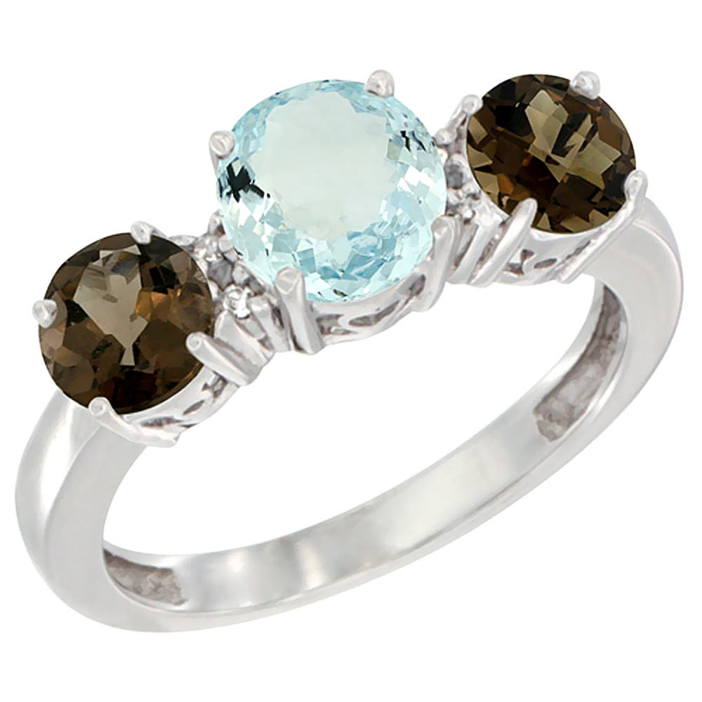 10K White Gold Round 3-Stone Natural Aquamarine Ring & Smoky Topaz Sides Diamond Accent, sizes 5 - 10
