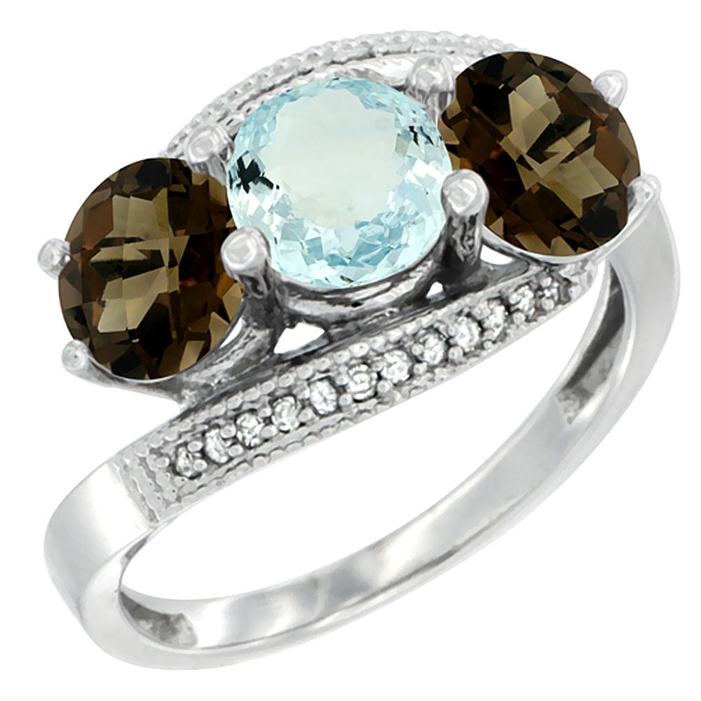 14K White Gold Natural Aquamarine & Smoky Topaz Sides 3 stone Ring Round 6mm Diamond Accent, sizes 5 - 10