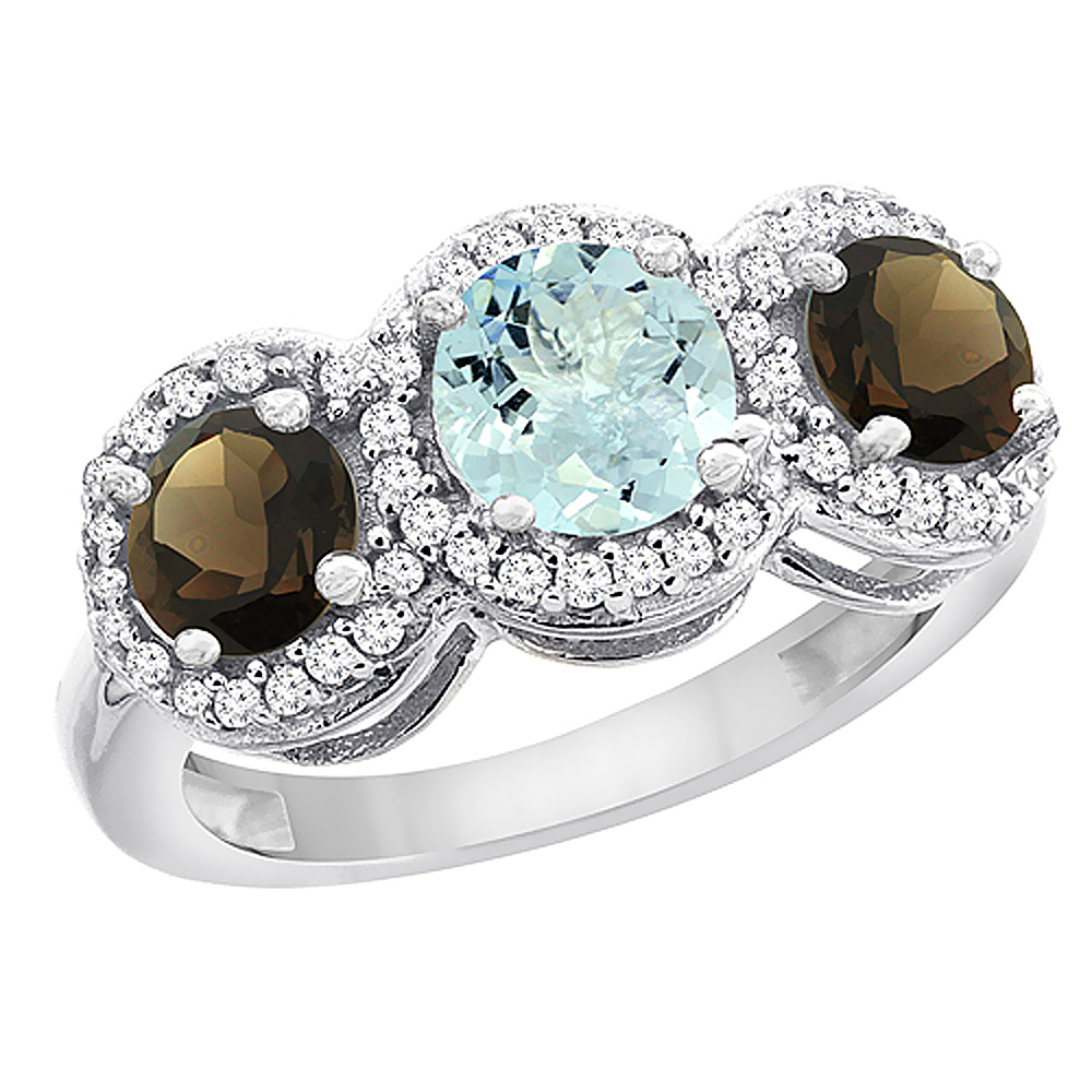 10K White Gold Natural Aquamarine &amp; Smoky Topaz Sides Round 3-stone Ring Diamond Accents, sizes 5 - 10