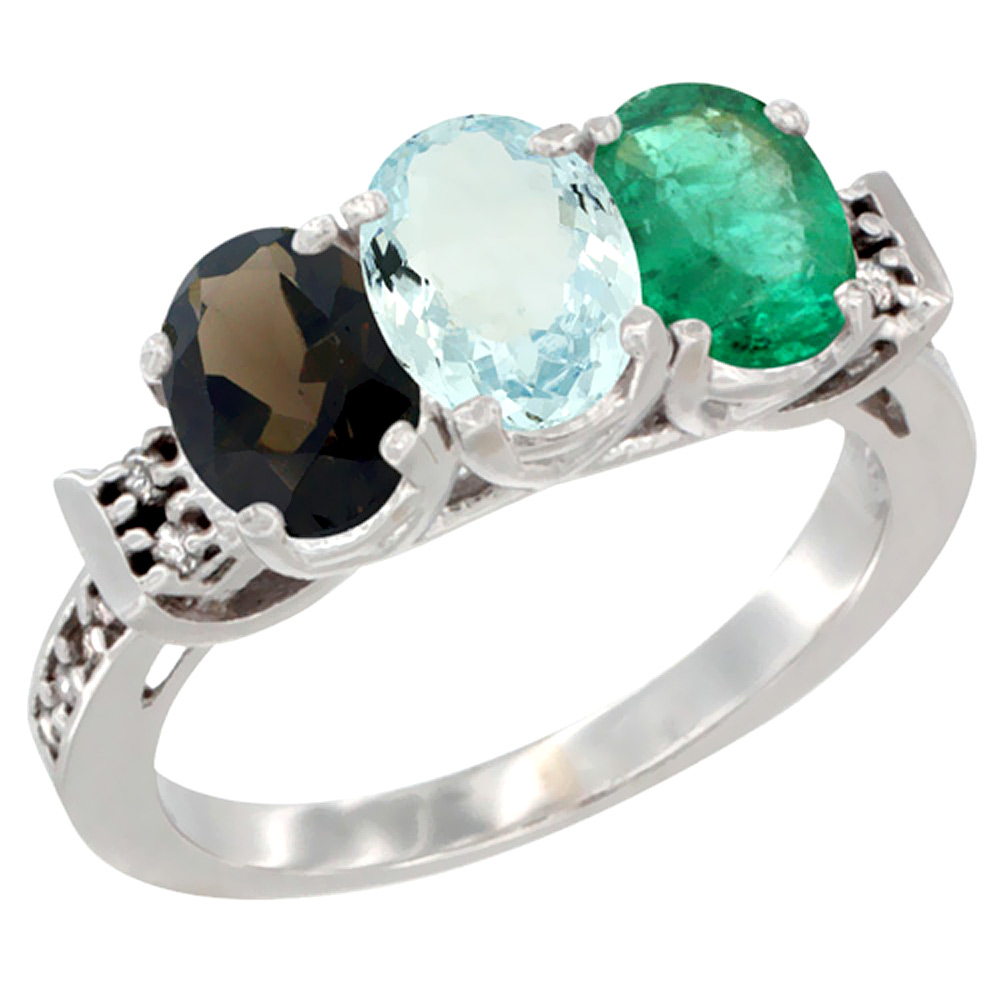 14K White Gold Natural Smoky Topaz, Aquamarine & Emerald Ring 3-Stone Oval 7x5 mm Diamond Accent, sizes 5 - 10