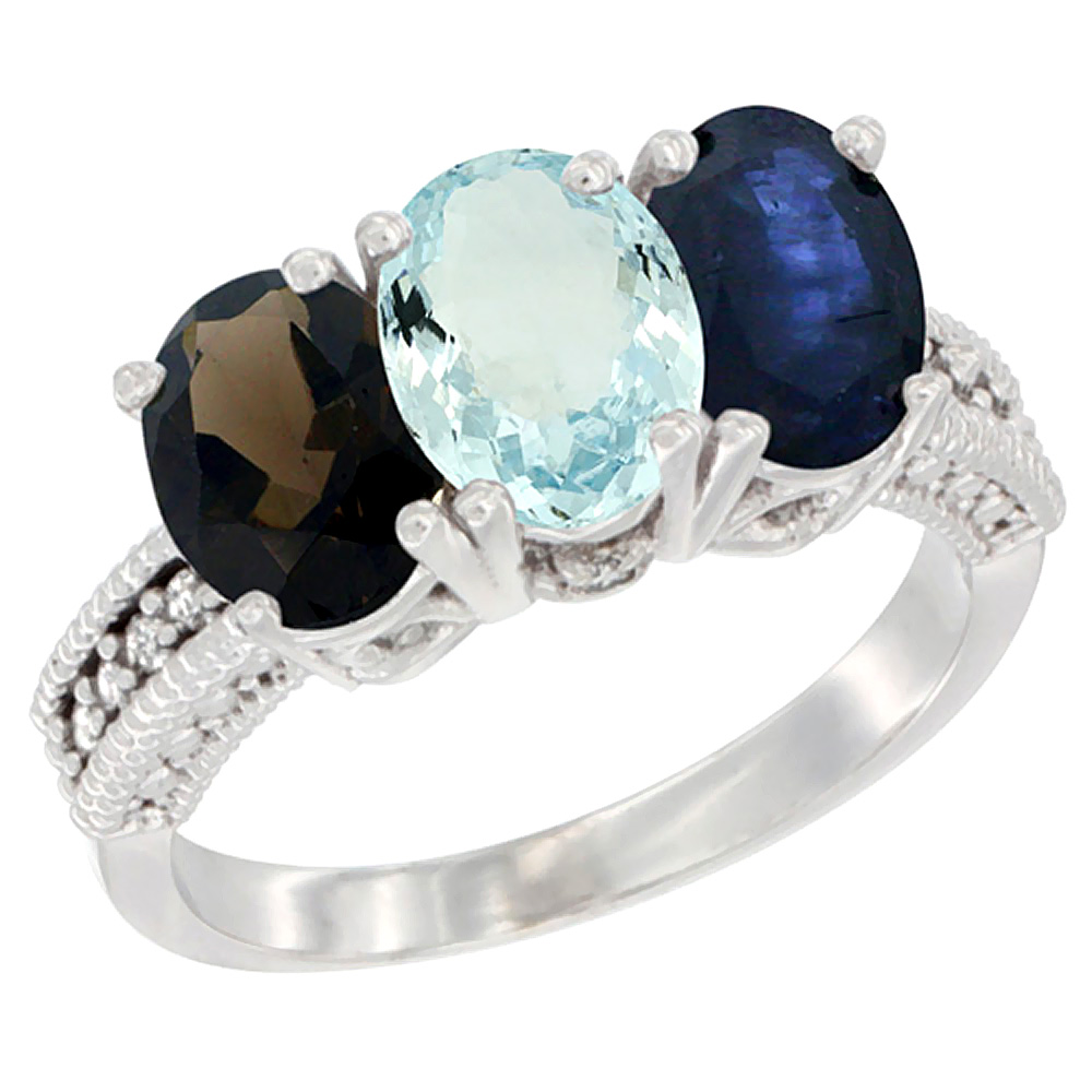 10K White Gold Natural Smoky Topaz, Aquamarine &amp; Blue Sapphire Ring 3-Stone Oval 7x5 mm Diamond Accent, sizes 5 - 10