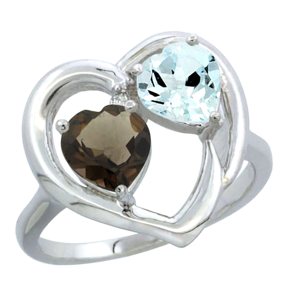 10K White Gold Diamond Two-stone Heart Ring 6mm Natural Smoky Topaz &amp; Aquamarine, sizes 5-10