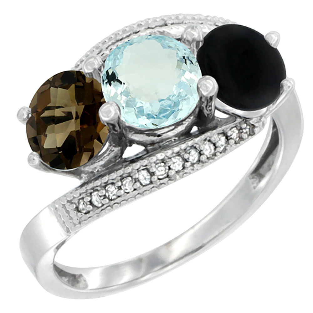 10K White Gold Natural Smoky Topaz, Aquamarine &amp; Black Onyx 3 stone Ring Round 6mm Diamond Accent, sizes 5 - 10
