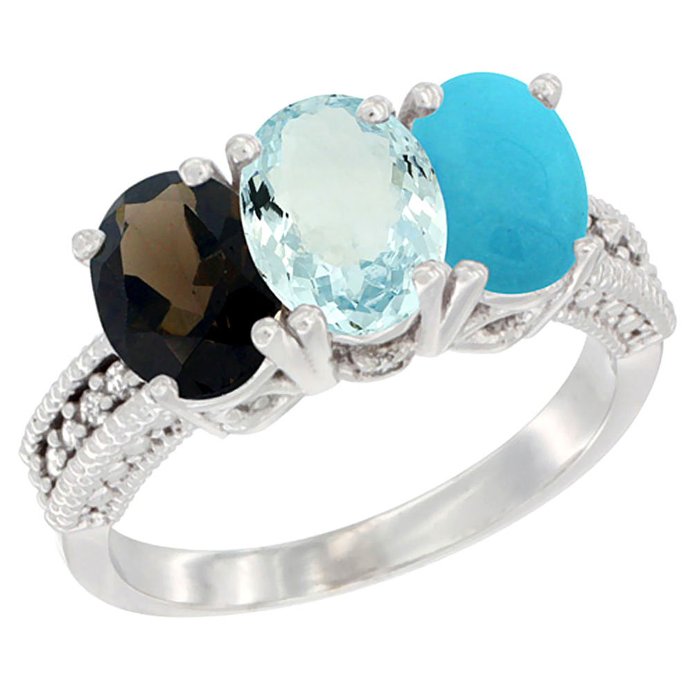 10K White Gold Natural Smoky Topaz, Aquamarine &amp; Turquoise Ring 3-Stone Oval 7x5 mm Diamond Accent, sizes 5 - 10