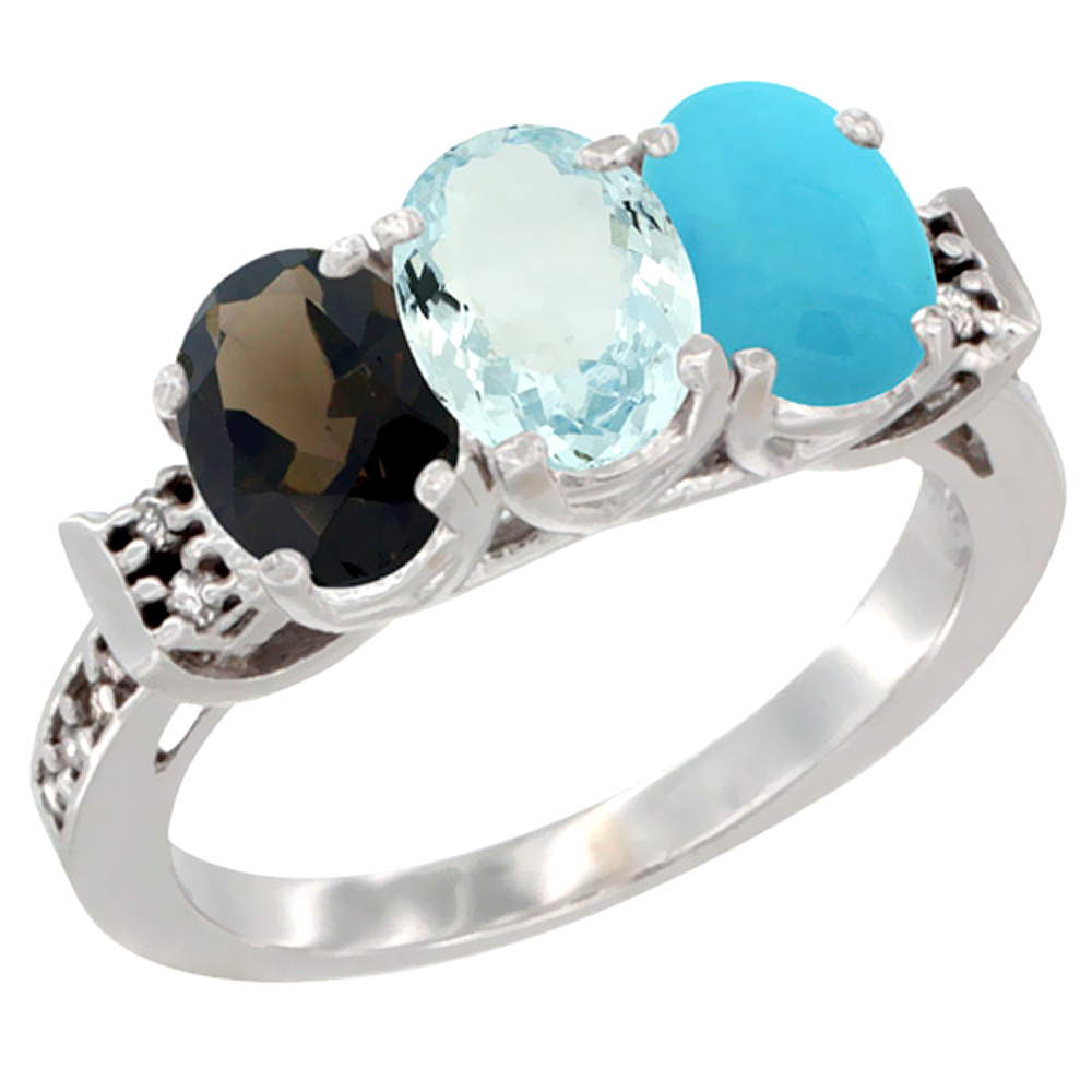 14K White Gold Natural Smoky Topaz, Aquamarine & Turquoise Ring 3-Stone Oval 7x5 mm Diamond Accent, sizes 5 - 10