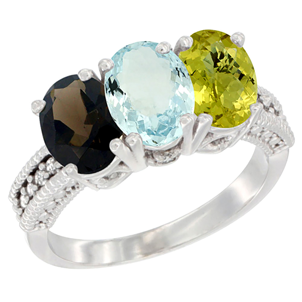 14K White Gold Natural Smoky Topaz, Aquamarine & Lemon Quartz Ring 3-Stone 7x5 mm Oval Diamond Accent, sizes 5 - 10